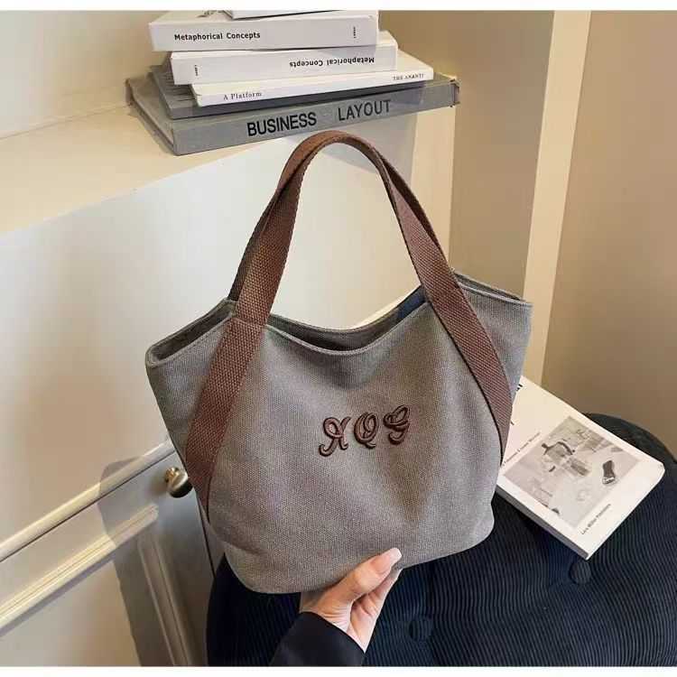 2025 New Simple Canvas Tote Bag with Embroidery Design for Daily Commute and Lunch Carry