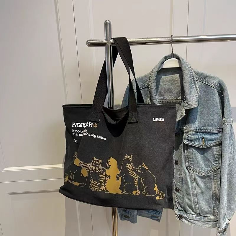 Fashionable Canvas Tote Bag with Cute Cat Print, Large Capacity Shoulder Bag for Daily Use and Travel