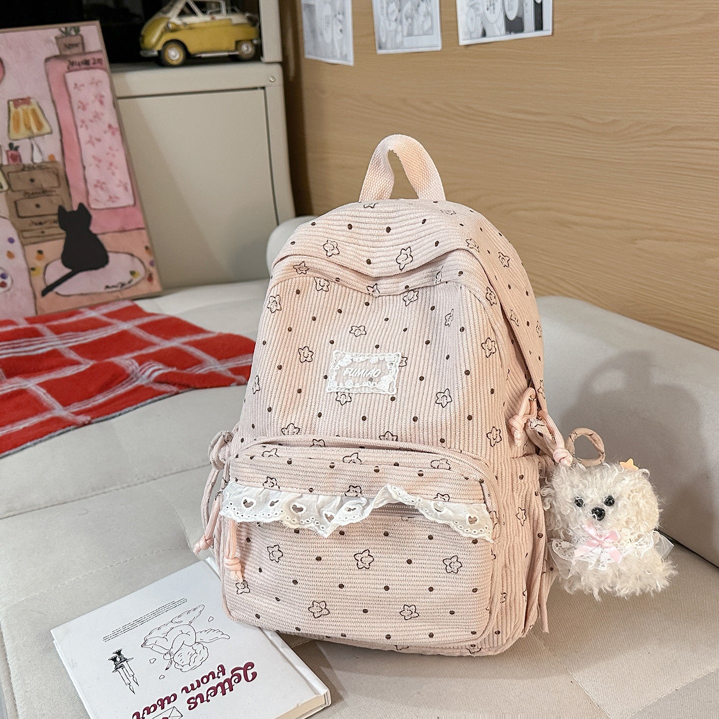 Artistic Fresh Student Backpack Soft Corduroy Material Lace Large Capacity Breathable Design