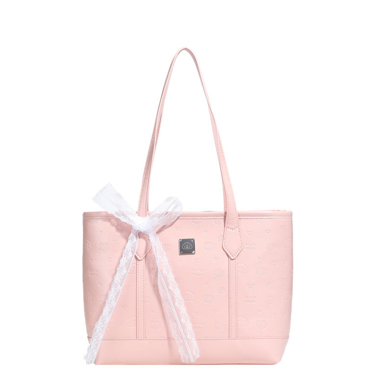 Embossed Tote Bag with Lace Bow – Cute Shoulder Handbag for Daily & Work