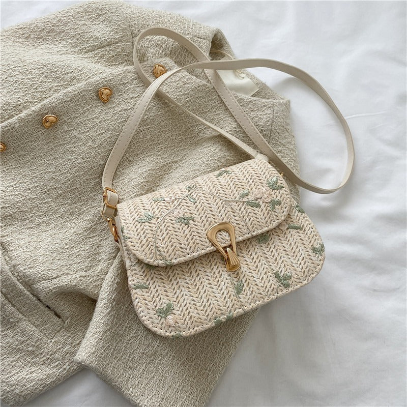 Chic Embroidered Woven Crossbody Bag for Women, Fashionable Casual Style with Golden Clasp and Adjustable Strap