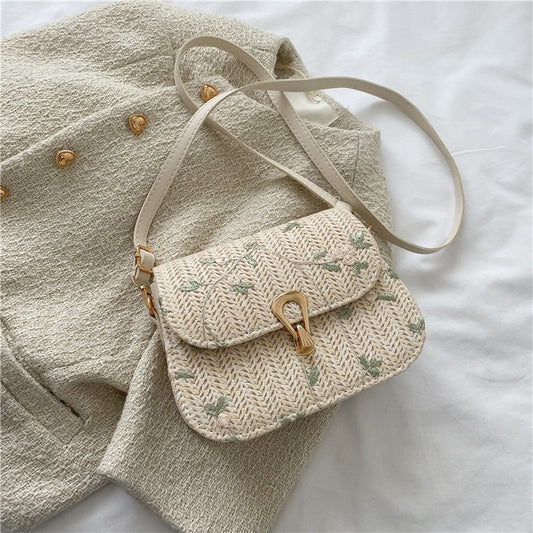 Chic Embroidered Woven Crossbody Bag for Women, Fashionable Casual Style with Golden Clasp and Adjustable Strap
