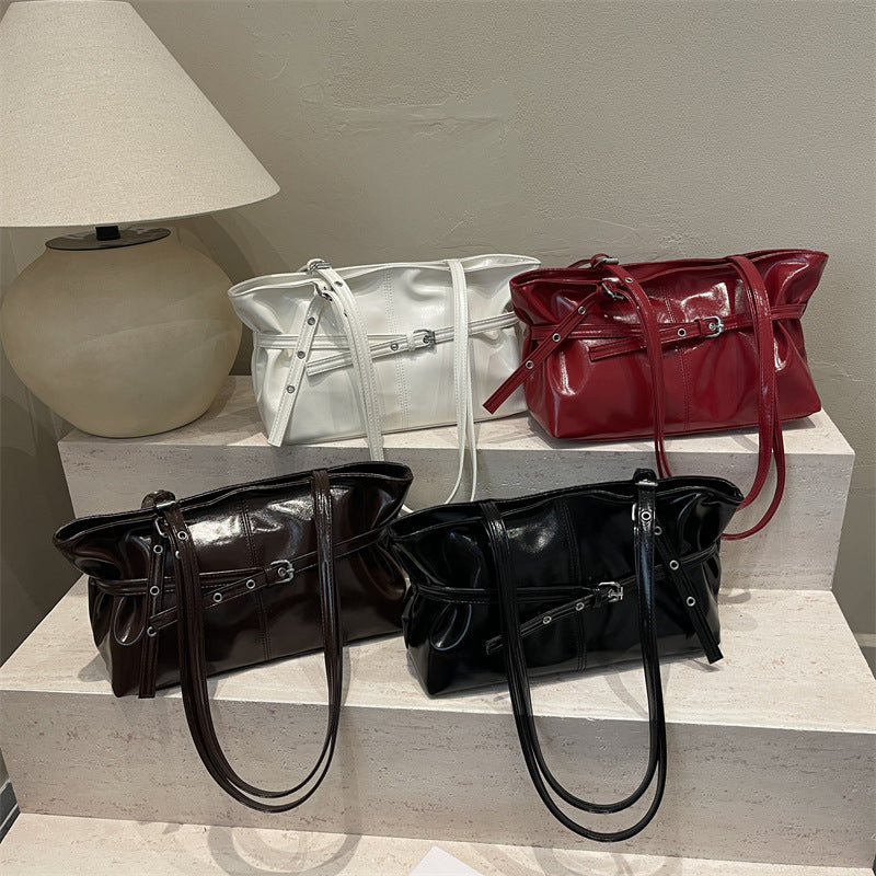 Simple Casual Large Capacity New Belt Buckle Commuting Fashion Texture One Shoulder Underarm Tote Bag Women