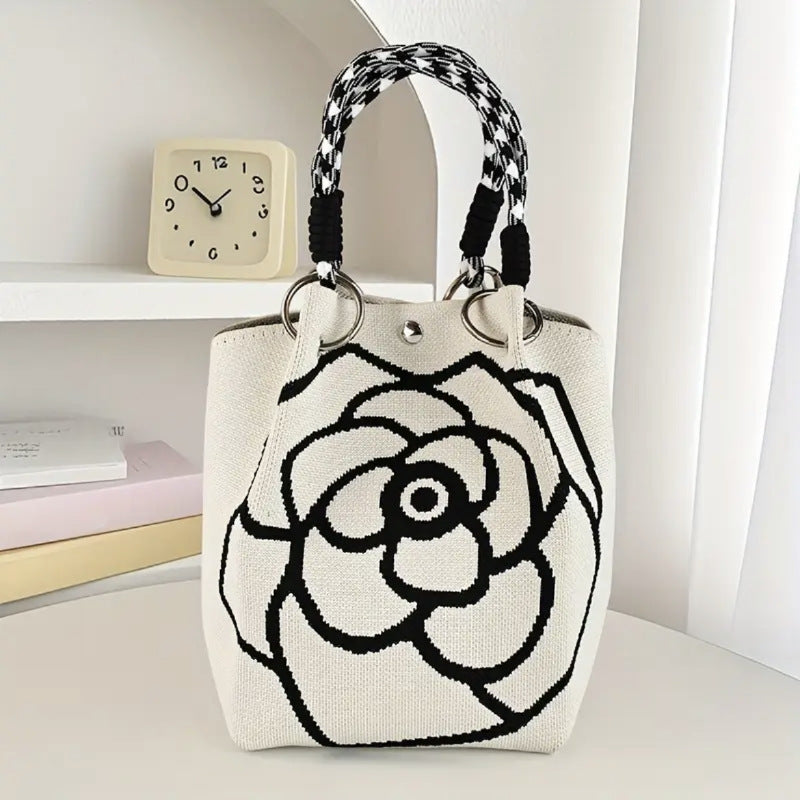 Retro Camellia Flower Large Capacity Knitted Bucket Bag Women's All-Match Casual Handbag