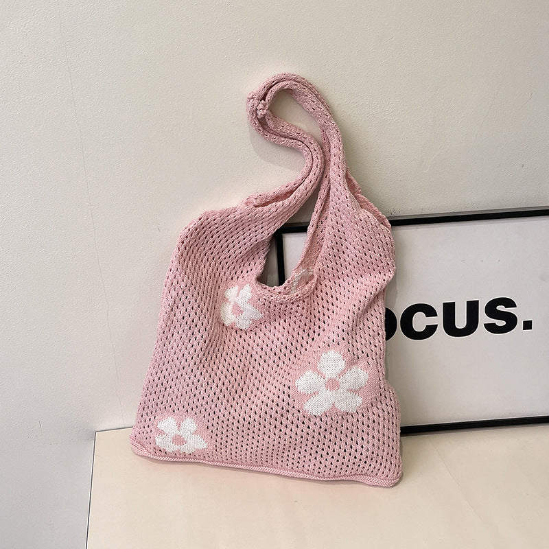 One Shoulder Bag Women's Japanese and Korean Retro Cotton Braided Knitted Handbag Flower Beach Vacation