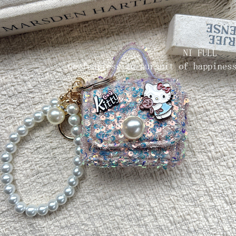 Korean Style New Retro Dots Cartoon Cat Lipstick Pack Pearl Exquisite High Sense Versatile Pendant Keychain for Women