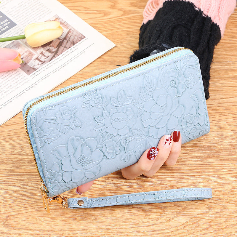 Elegant Floral Embossed Long Wallet with Zipper and Wrist Strap, Fashionable Women's Purse with Multiple Inner Compartments for Phone and Cards
