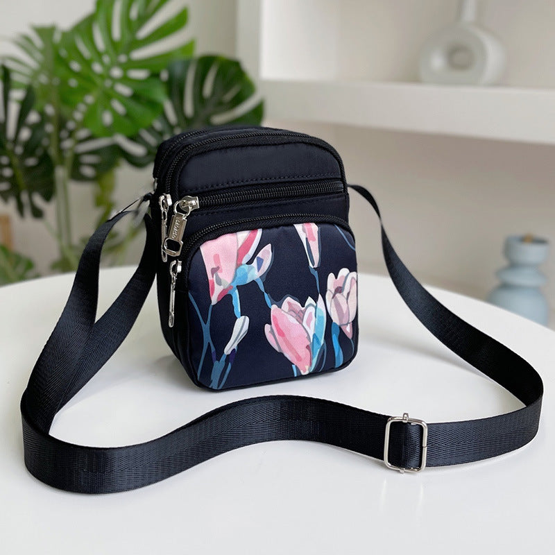 Mini Crossbody Bag with Elephant Print for Women, Lightweight Nylon Phone Pouch with Multiple Pockets and Adjustable Strap