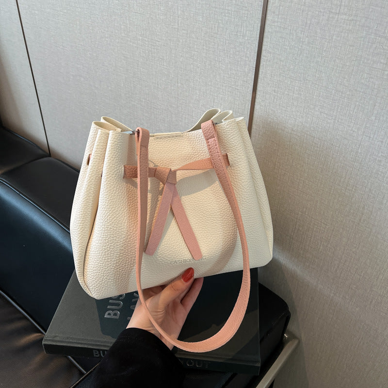 2025 Spring New Women's Fashion Bucket Bag with Bow Detail, Casual Street Style Shoulder Bag with Magnetic Closure and Inner Pockets