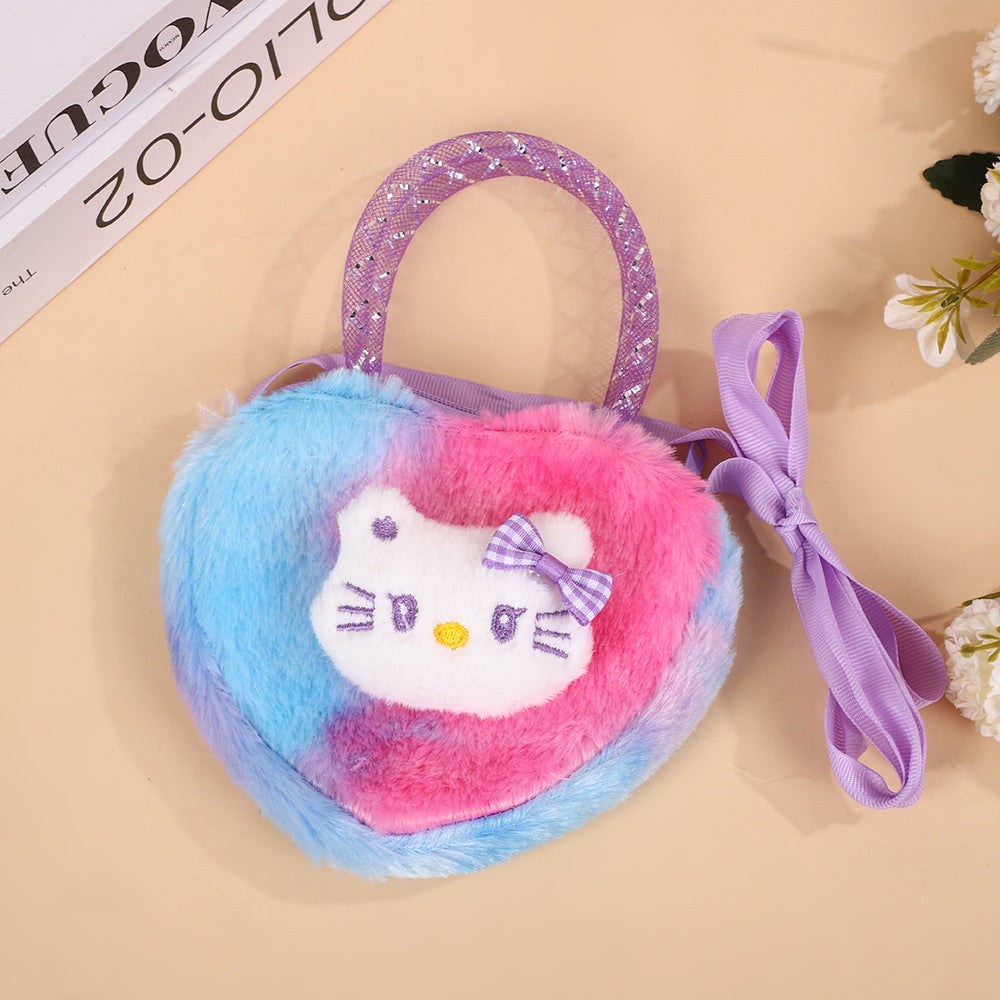 Cute Cartoon Kitty Fuzzy Heart-Shaped Backpack for Kids, Soft Plush Design with Bow Handle, Perfect for Daily Use and Storage