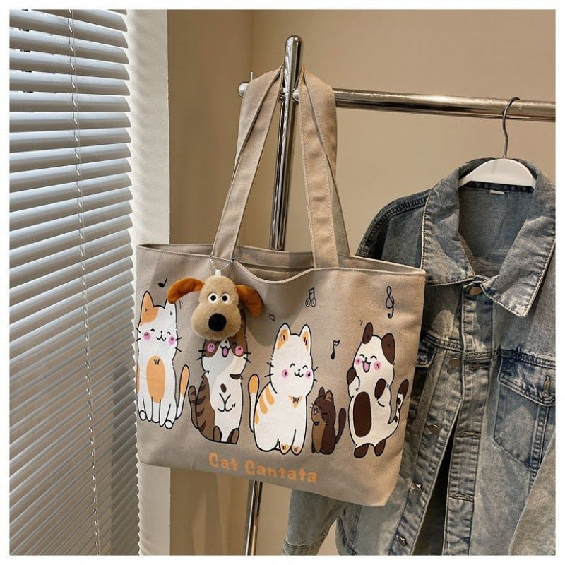 Cute Cat Cartoon Canvas Tote Bag for Women, Large Capacity Shoulder Bag with Plush Charm, Perfect for Daily Use and School