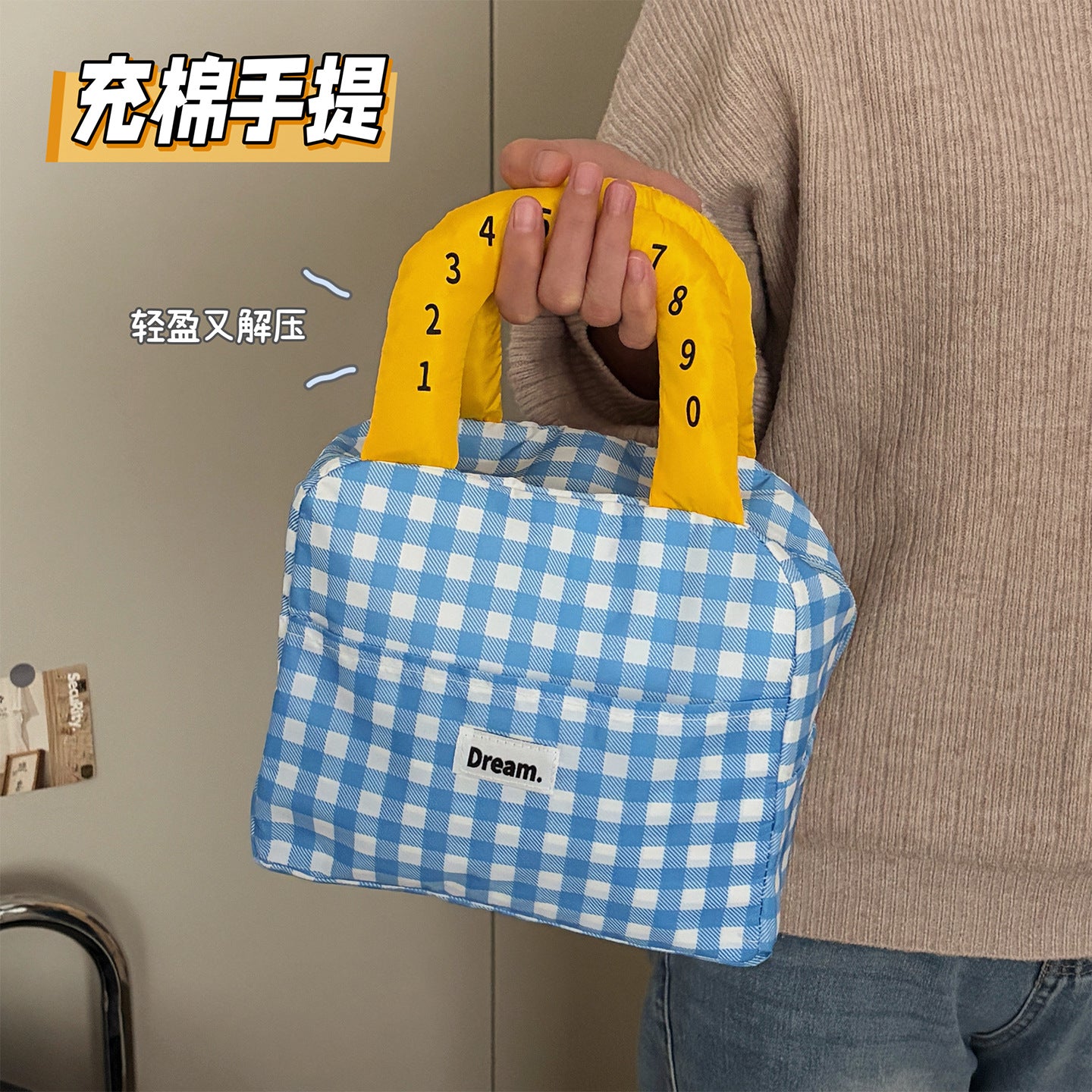 Contrast Color Check Portable Lunch Bag Female Student Large Capacity Insulated Bag Commuter with Meal Lunch Bag