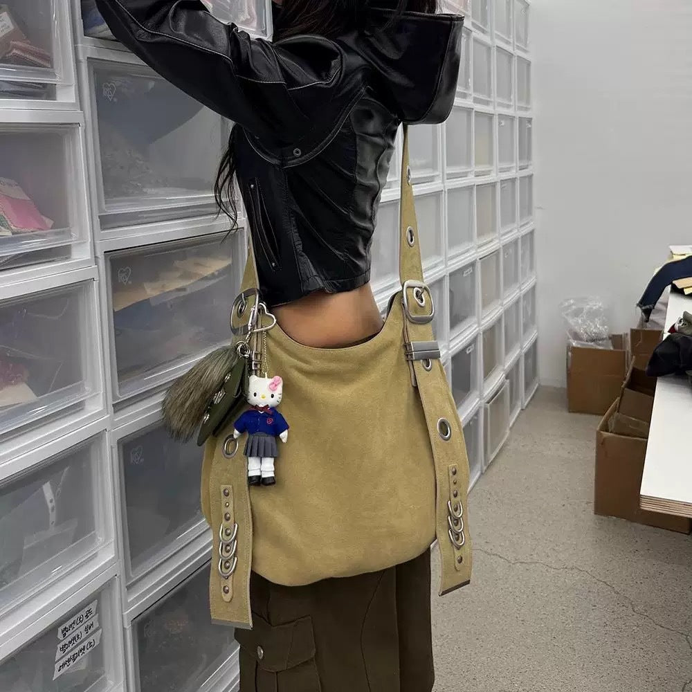 Retro Punk Style Shoulder Bag with Metal Grommets and Buckles for Casual Travel