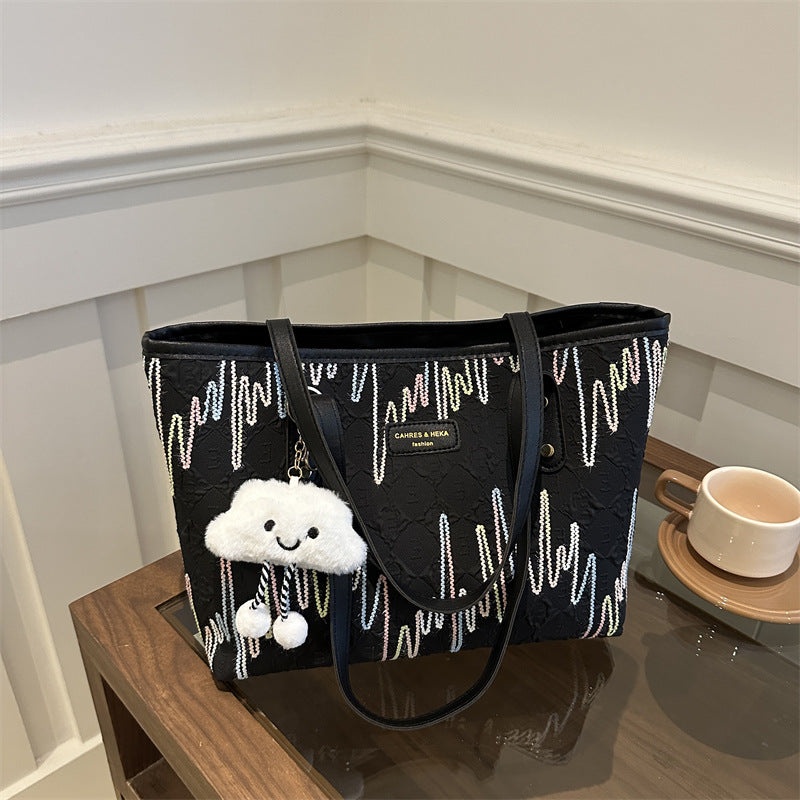 Leisure Commute Large Capacity Bag Women's New Fashion Shoulder Striped Embroidered Tote Bag