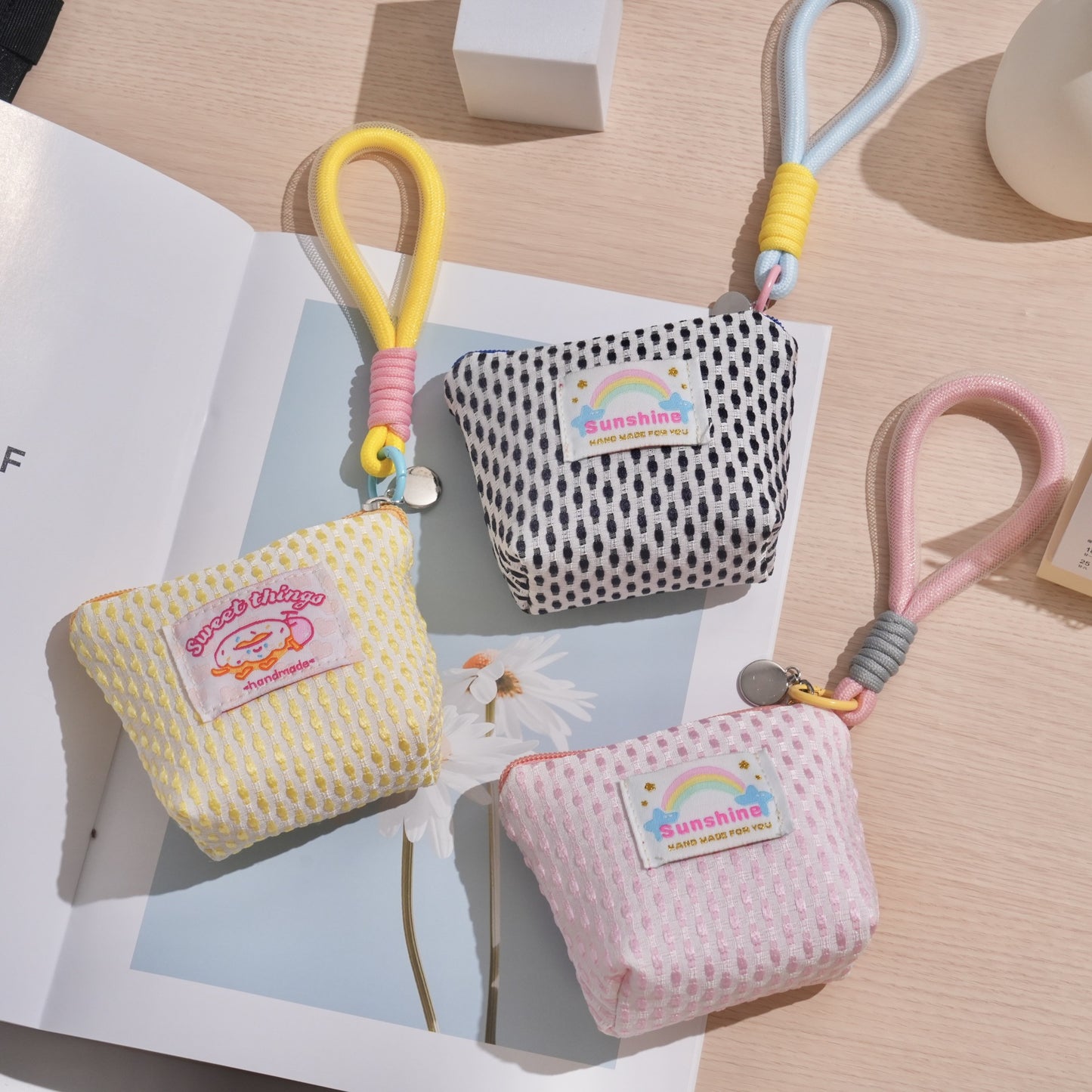 Cute Mini Wallet with Rainbow Patch and Wrist Strap, Lightweight Breathable Canvas Pouch for Daily Essentials