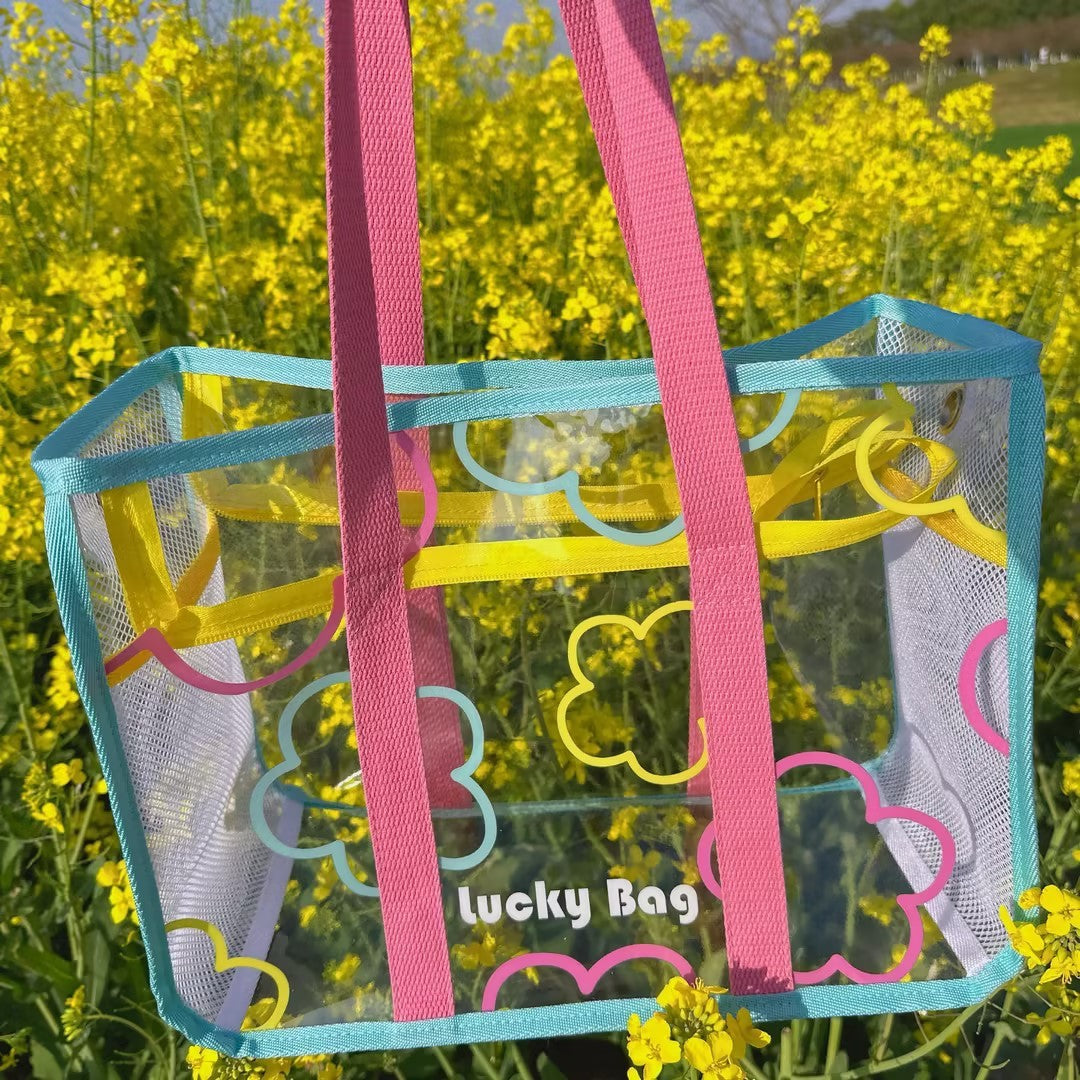 Transparent Waterproof Beach Bag with Summer Print, Large Capacity for Swimwear and Toiletries, Perfect for Pool and Travel