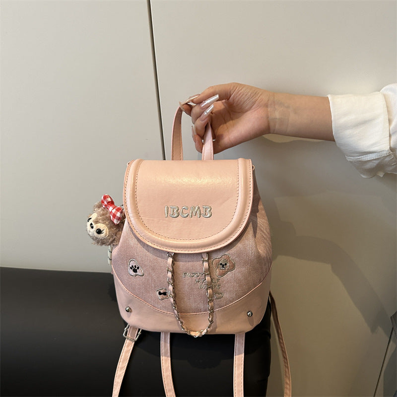 Cute Fashionable Backpack for Women with Chain Detail and Plush Charm, Perfect for Daily Use and School