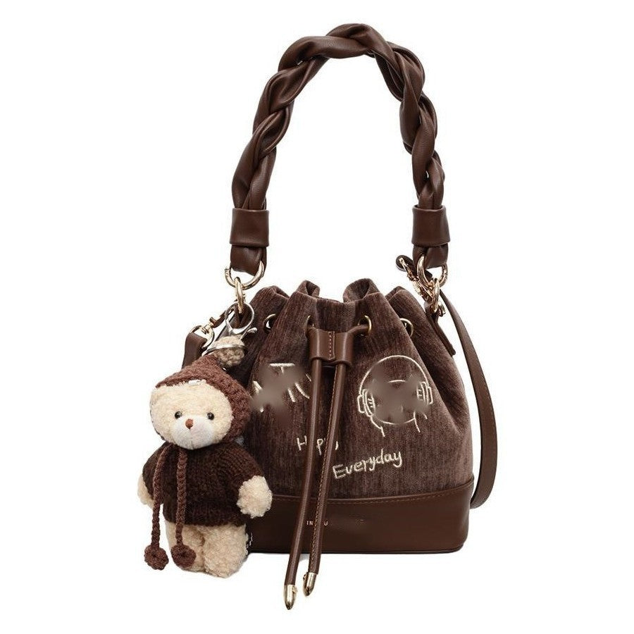 Charming Bucket Bag with Cartoon Bear Charm, Drawstring Closure and Twisted Handle for Everyday Fashion