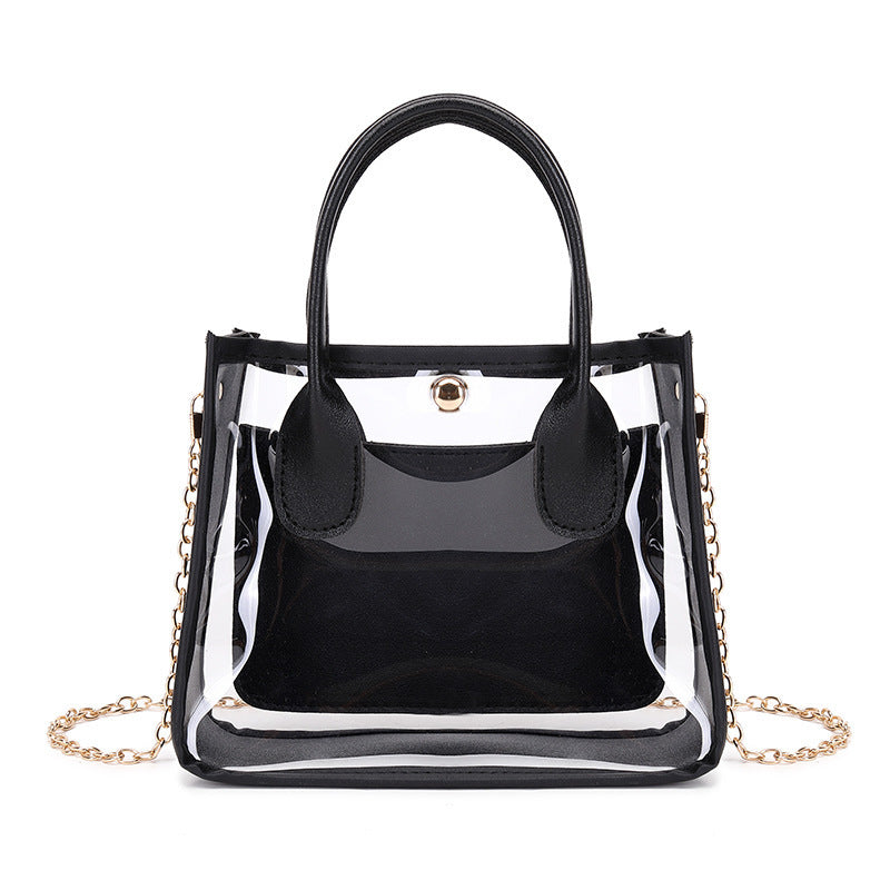 Women's Cross-Body Bag Handbag Transparent PVC Tote Bag with Leather Edge Chain Crossbody Handbag