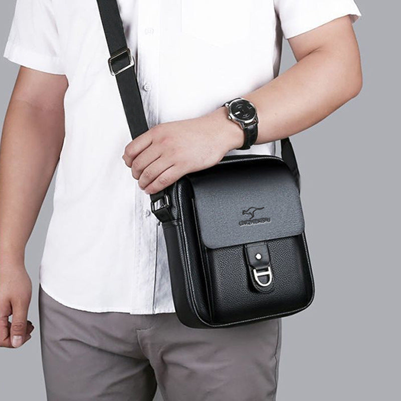 Stylish PU Leather Men's Shoulder Bag with Kangaroo Logo, Business Casual Crossbody Bag for Daily Use