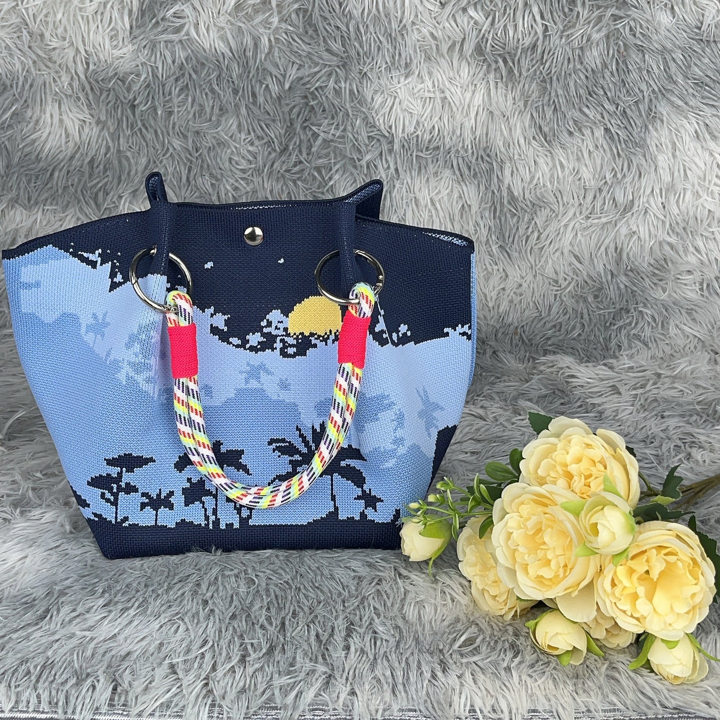 Women's Shoulder Bag New Hollow Canvas Handbag Color Rope Handle Large Capacity Daily Commuter Women's Bag