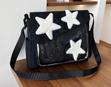 Trendy Star-Embellished Crossbody Bag 2024 Spring New Style Casual Chic Shoulder Bag with Transparent Panel and Soft Nylon Material
