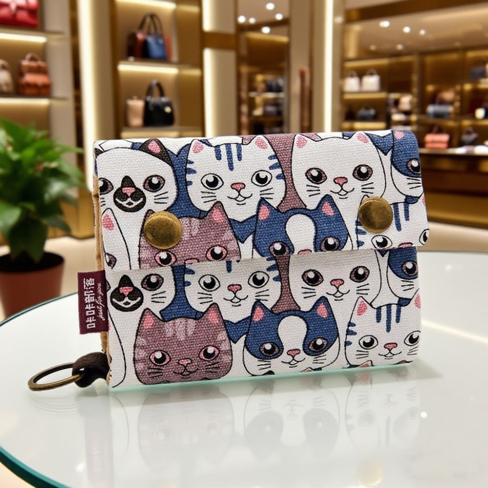 Creative Cartoon Printing Tri-Fold Denim Canvas Wallet Simple Canvas Card Holder Key Case for Both Men and Women