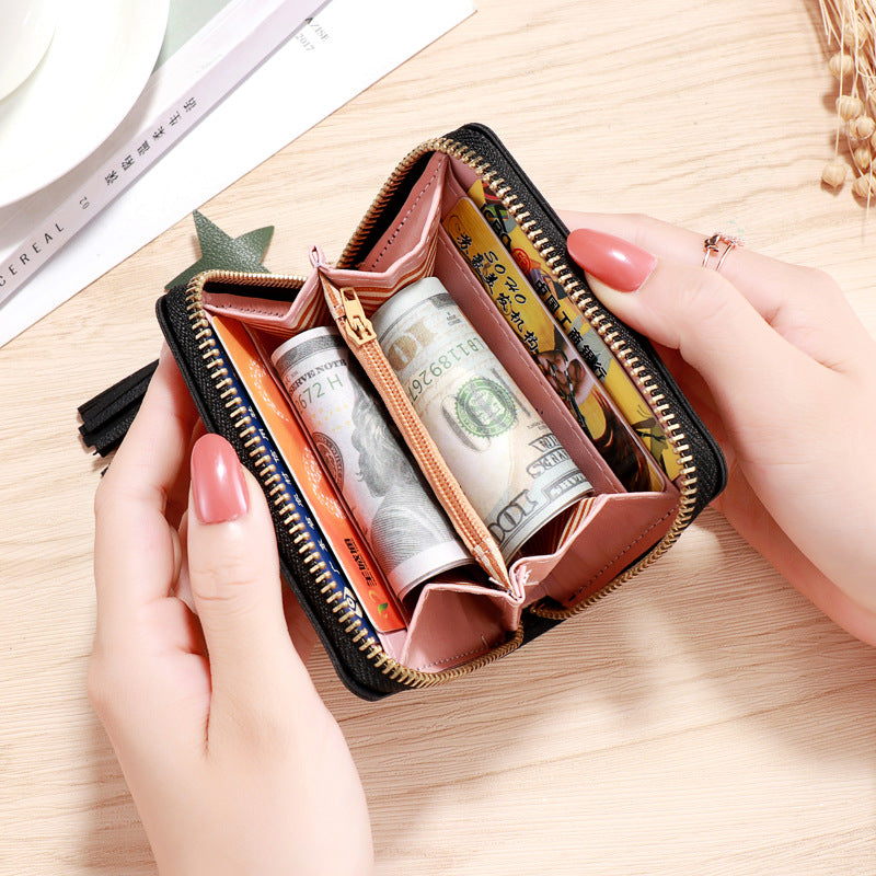 Cute Heart Embroidery PU Wallet for Women with Tassel Charm and Star Pendant, Compact Card Holder for Daily Use