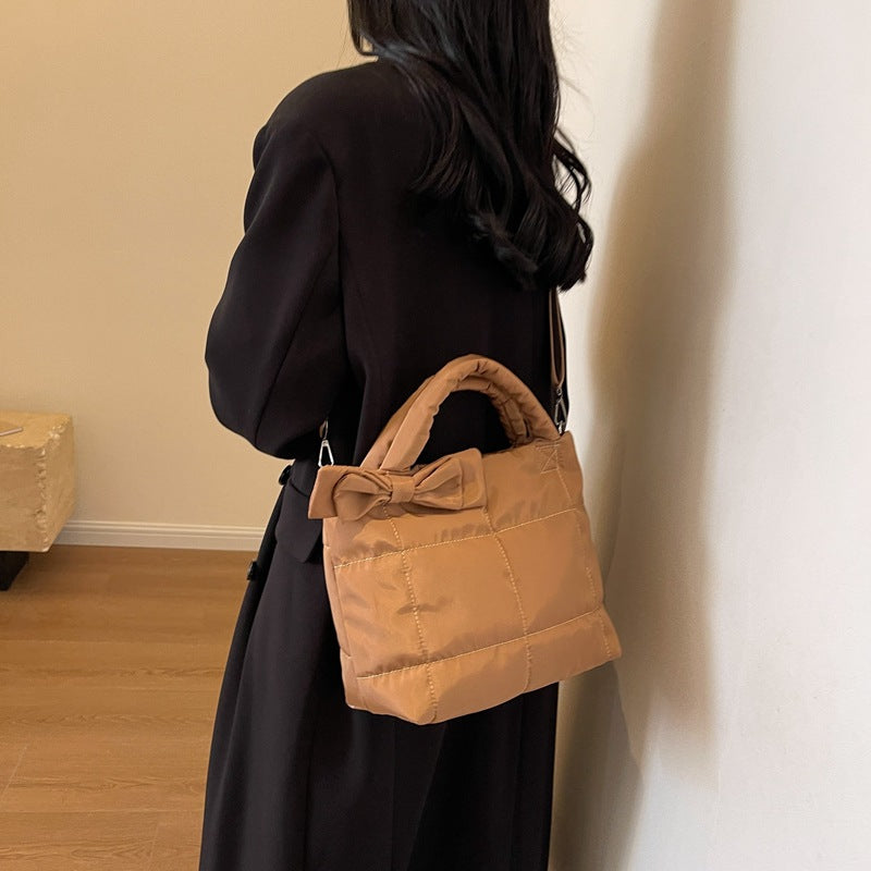 Women's Shoulder Bag Large Capacity Rhombus Solid Color Minimalist Bowknot New Astronaut Bag Cotton Jacket Bag