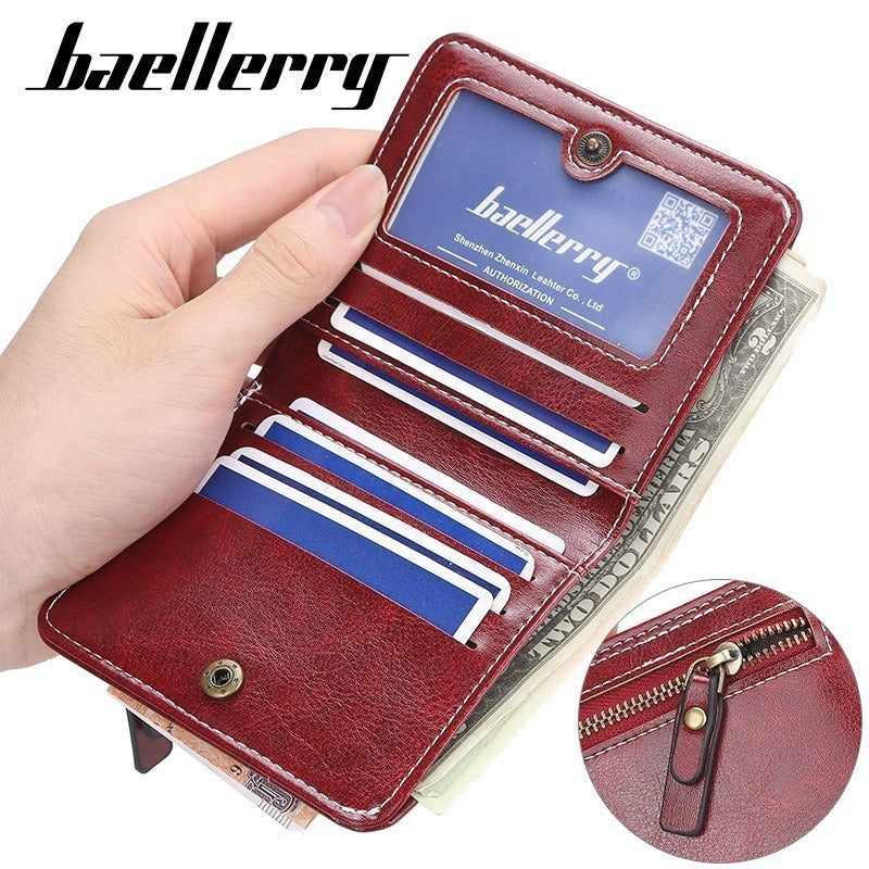 Women's Wallet Korean-Style Short Multiple Card Slots Oil Wax Leather Card Holder Fashion All-Match Zipper Coin Purse