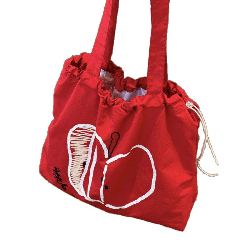 Cute Apple Print Women's Drawstring Tote Bag Lightweight and Large Capacity All-Match Cartoon Fashion Shoulder Bag
