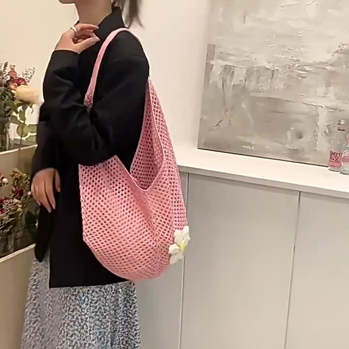 Women's Shoulder Bag Beach Bag Fashionable Knitted Flower Tote Bag Women's Casual Beach Travel Sling Bag Large Capacity Woven Bag