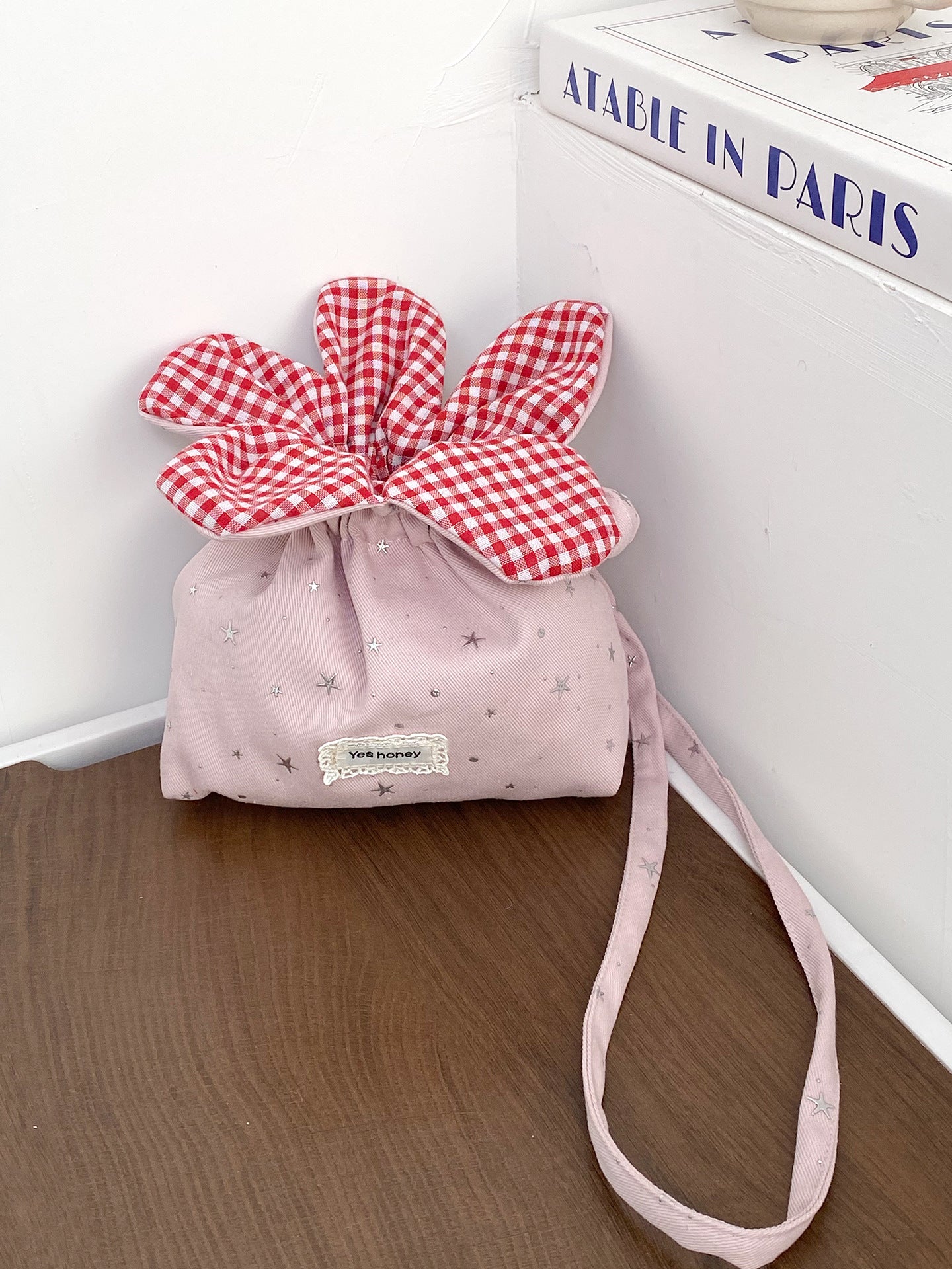 Cute Denim Flower Drawstring Crossbody Bag with Gingham Bloom, Korean Style Casual Phone Pouch for Daily Outings