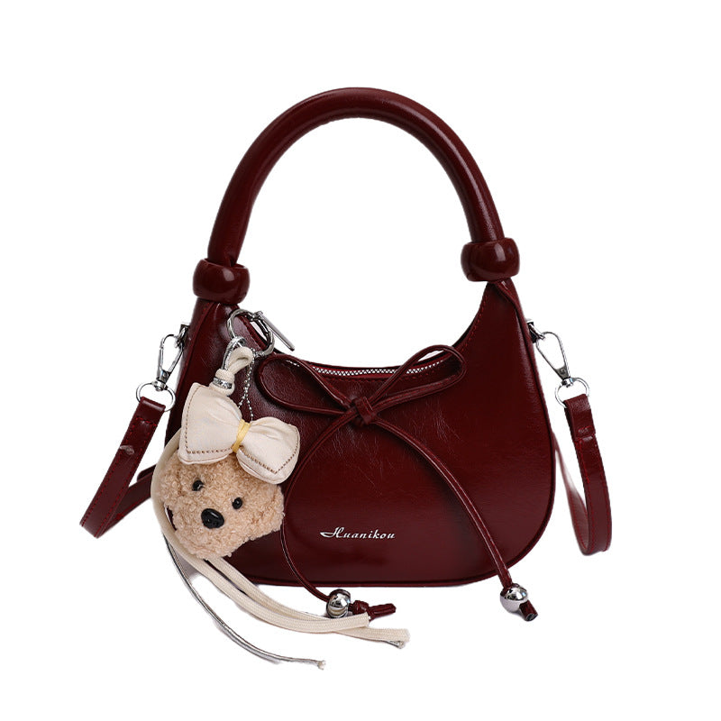 2026 New Korean Style Simple Crossbody Bag for Women, Cute Cartoon Pendant, Fashionable Dumpling Shape Handbag with Bow Detail