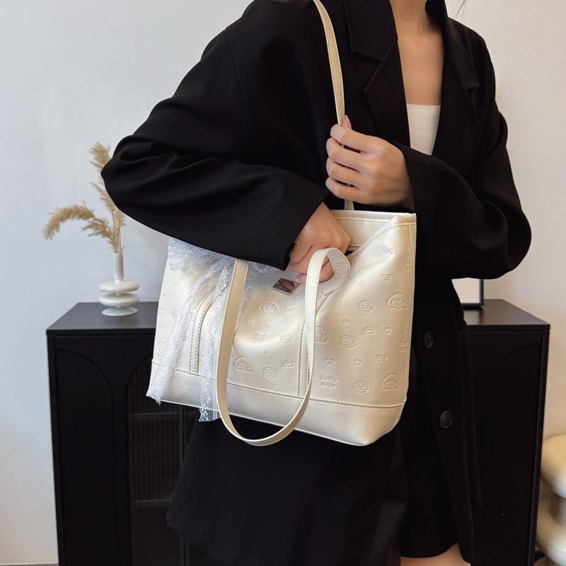 Embossed Tote Bag with Lace Bow – Cute Shoulder Handbag for Daily & Work