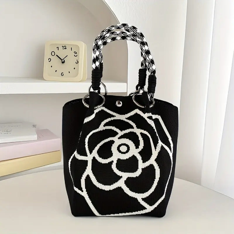 Retro Camellia Flower Large Capacity Knitted Bucket Bag Women's All-Match Casual Handbag