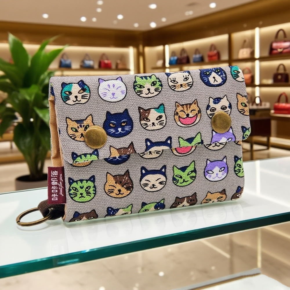 Creative Cartoon Printing Tri-Fold Denim Canvas Wallet Simple Canvas Card Holder Key Case for Both Men and Women