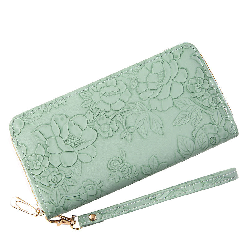 Elegant Floral Embossed Long Zipper Wallet with Phone Pocket and Multiple Compartments for Women