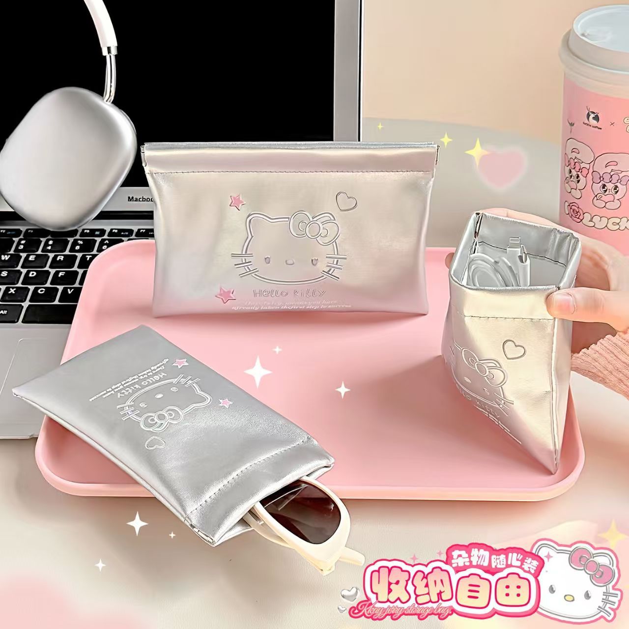 Cute Hello Kitty Eyewear Case with Auto-Closure Snap, Portable & Protective Sunglasses Storage Pouch for Travel and Makeup