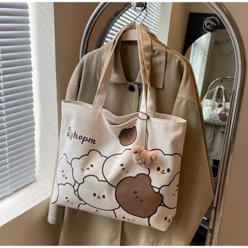 Cute Bear Print Tote Bag with Soft Canvas Material and Double Handles for Daily Use