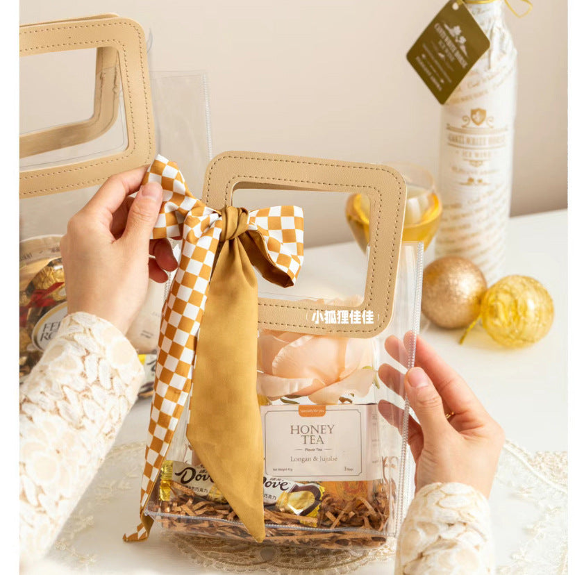 Chic Transparent PVC Tote Bag with Floral Print and Satin Handle for Gift Packaging and Everyday Use