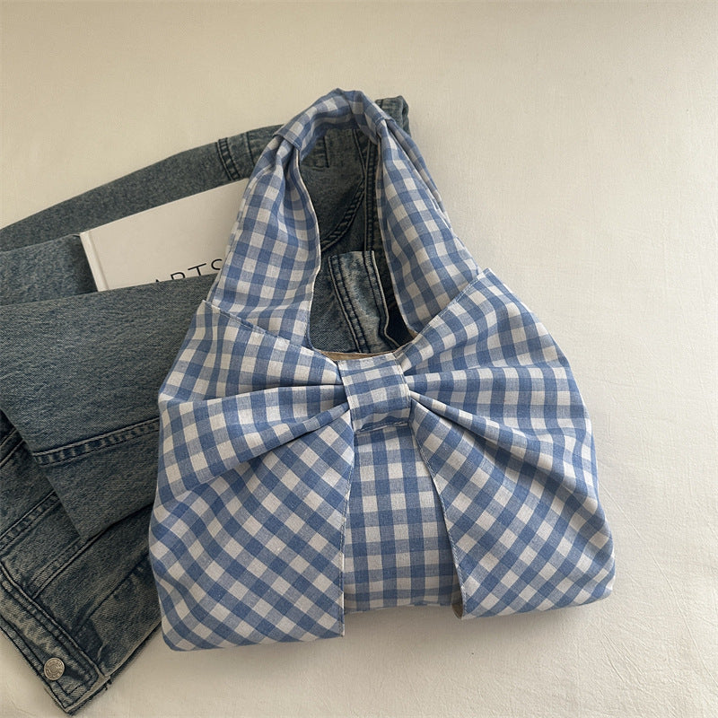 Vest Bag Women's Summer Korean Style Retro Plaid Large Capacity Light Shopping Versatile Canvas Bag Student