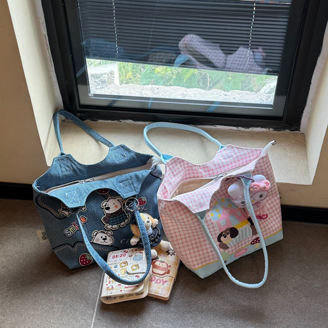 Cute Cartoon Dog Print Tote Bag with Magnetic Closure and Stylish Patches for Casual Travel