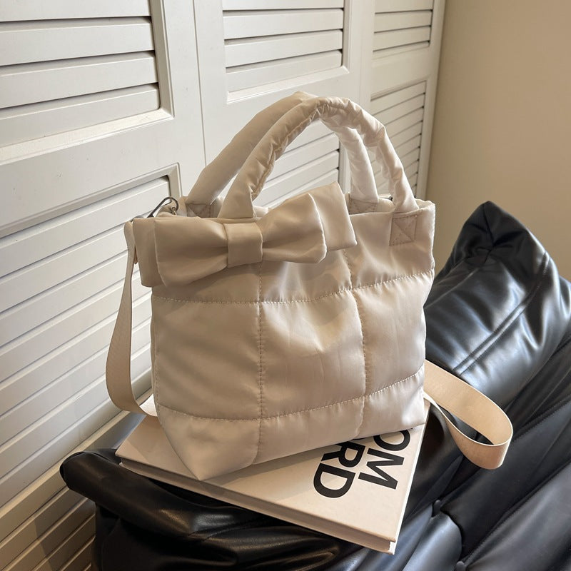 Women's Shoulder Bag Large Capacity Rhombus Solid Color Minimalist Bowknot New Astronaut Bag Cotton Jacket Bag