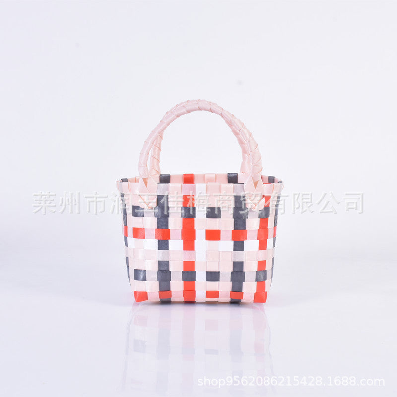 Handwoven Checkerboard Tote Bag for Women, Fashionable Beach & Daily Use, Soft PVC Material with Open Top and Inner Pockets