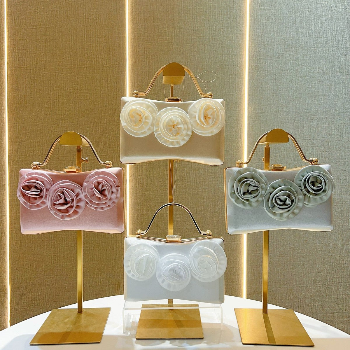 Elegant Floral Satin Clutch Bag with Gold Handle for Party and Evening Events