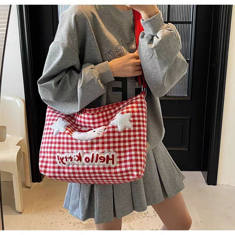 Cute Hellokitty Check Pattern Shoulder Bag Female Cartoon Large Capacity Crossbody Canvas Bag