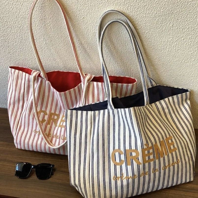 Stylish Striped Tote Bag 2025 Spring Fashion Canvas Shoulder Bag with Gold Lettering and Spacious Design for Daily Use
