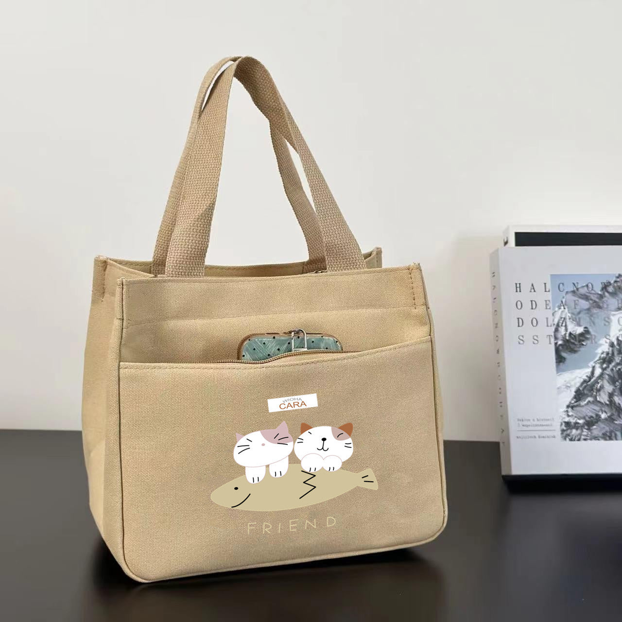 Women's Shoulder Bag Nordic Bear Canvas Tote Bag Zipper Design Cute Cartoon Pattern Daily Commuter Bento Tote Bag