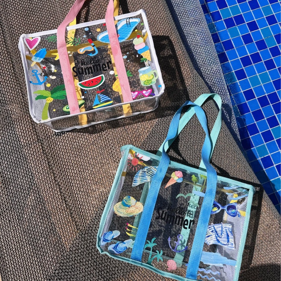 Transparent Waterproof Beach Bag with Summer Print, Large Capacity for Swimwear and Toiletries, Perfect for Pool and Travel